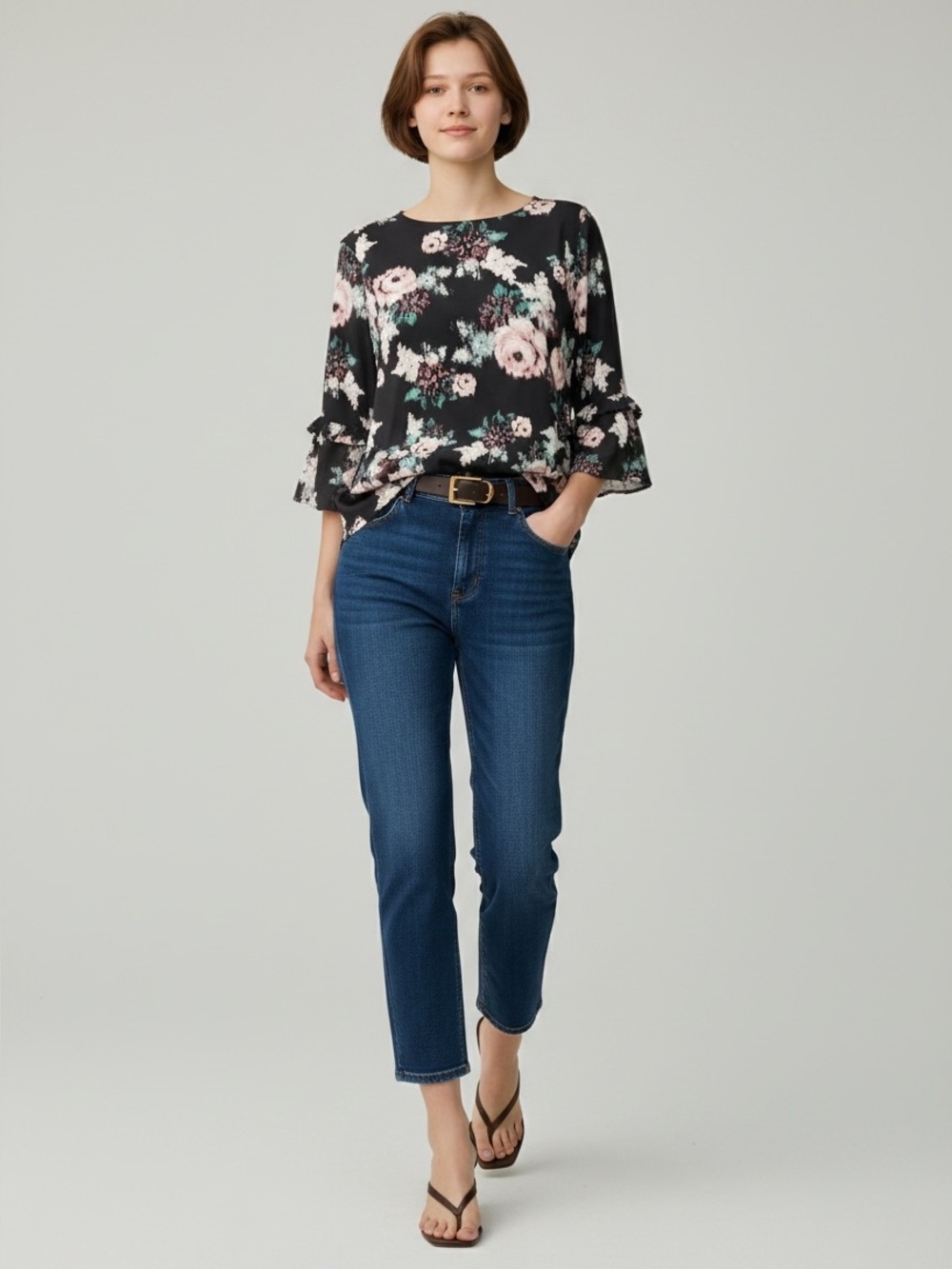 DR2 Blue Sheer Ruffle Sleeve Blouse Bohemian Dark Floral Flowy Size Small